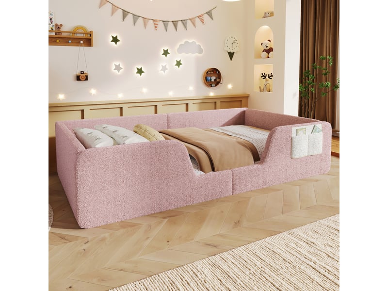 Lit rembourré 90 x 190 cm, barrières de sécurité amovibles, poche de rangement intégrée, velours, rose Bliss Lite - Conforama D