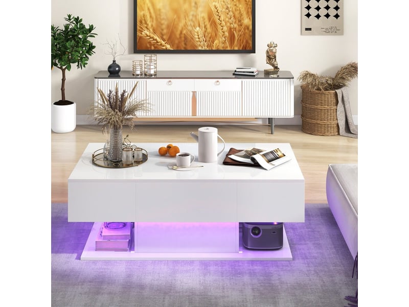  Design blanc laqué brillant table basse led télécommande 2 tiroirs et étagère rangement 110x60x40cm pour salon moderne  - Conforama B