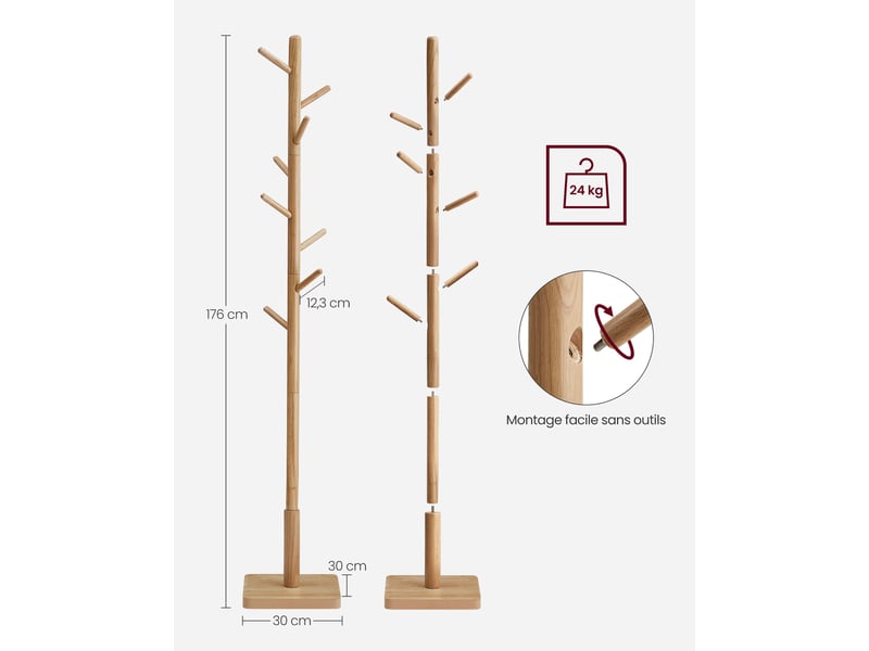  Portemanteau en bois d'hévéa 30 x 30 x 175 cm pour entrée couloir avec 8 crochets finition élégante en bois blanc 12_0010891  - Conforama C