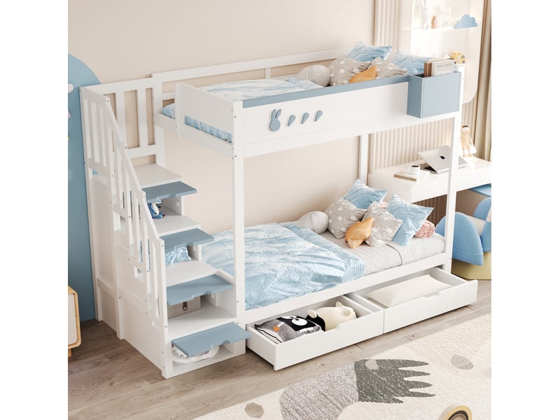  Lit superposé enfant 90x200 cm motifs lapin et carotte, rangement, chambre ludique, bois, blanc et bleu sans matelas  - Conforama B