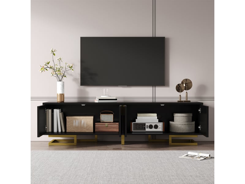 Meuble tv noir 160 cm avec portes texturées et pieds dorés  - Conforama B