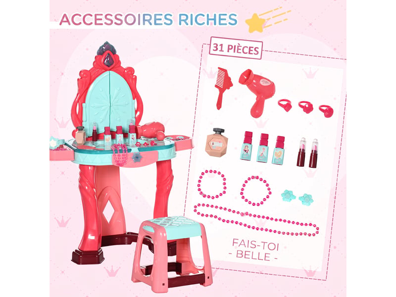  Coiffeuse enfant fille avec tabouret, miroir, lumière, musique, accessoires, 3-6 ans, 57x34x76cm, multicolore  - Conforama R