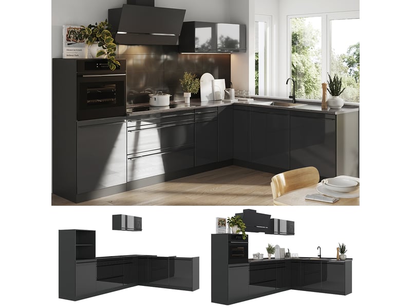 Vicco cuisine en angle, anthracite haute brillanceanthracite, 287 x cm plan de travail chêne doré - Conforama D