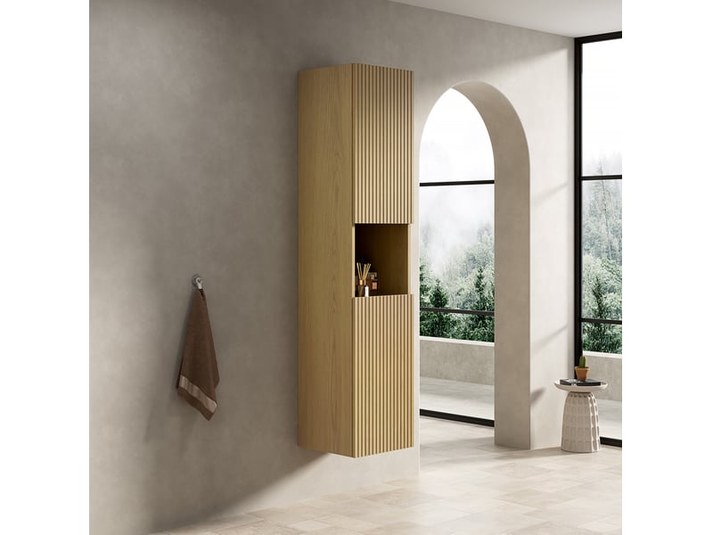  Armoire de salle de bain haute 2 portes et 1 niche ouverte avec étagères réglables pour salle de bain en bois doré  - Conforama E