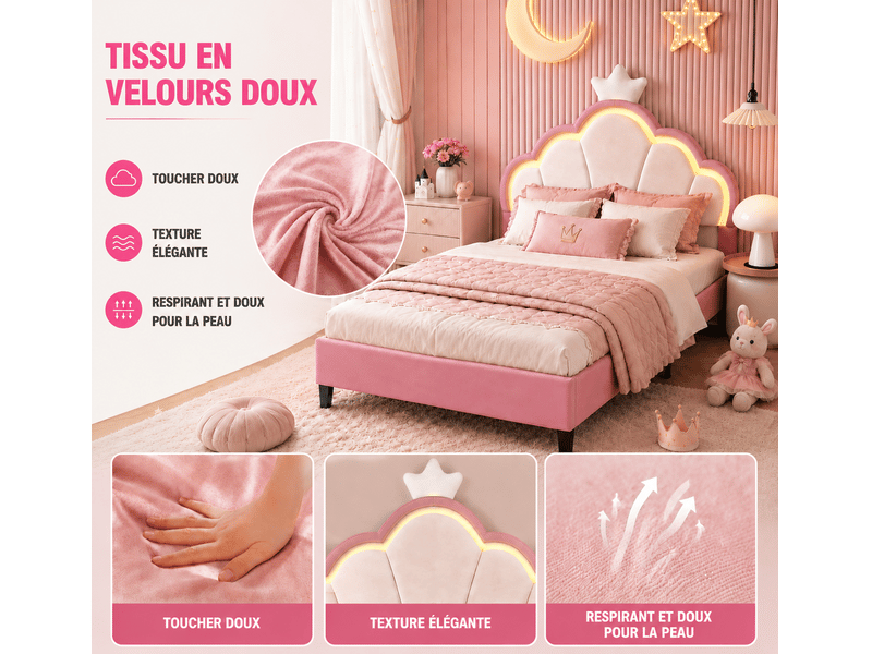 Lit princesse avec tête de lit couronne et lumières led, 90 x 200cm, lit enfant fille avec sommier à lattes,réglage hauteur - Conforama D
