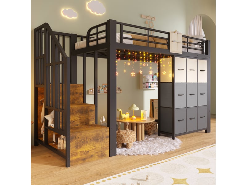  Lit mezzanine 90x200 cm avec tiroirs, penderie, garde-corps et escalier de rangement métal noir sans matelas  - Conforama B