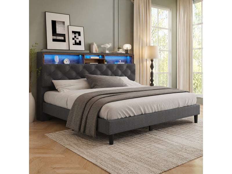  Modenvie lit avec tete de lit de rangement 140x200 cm - led, sommier en bois massif - gris  - Conforama B