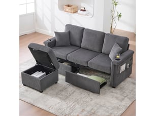 Canapé d'angle réversible convertible <strong></strong> <strong>Radiant Stride</strong> 3 places Tissu gris avec coffre de rangement