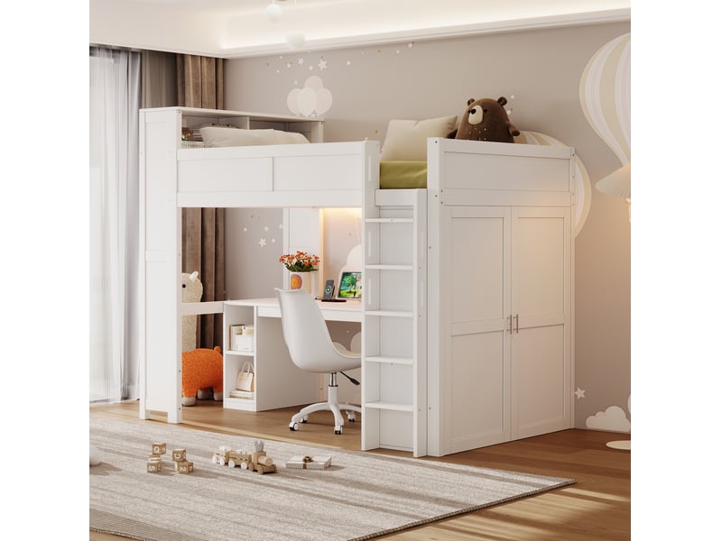 Lit mezzanine 90x200 cm blanc avec bureau, armoire, rangements, usb et led - Conforama B