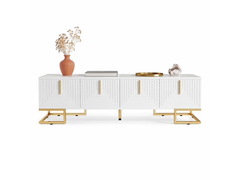  Meuble tv bas 170 cm blanc, 4 portes texturées, poignées et pieds dorés  - Conforama A