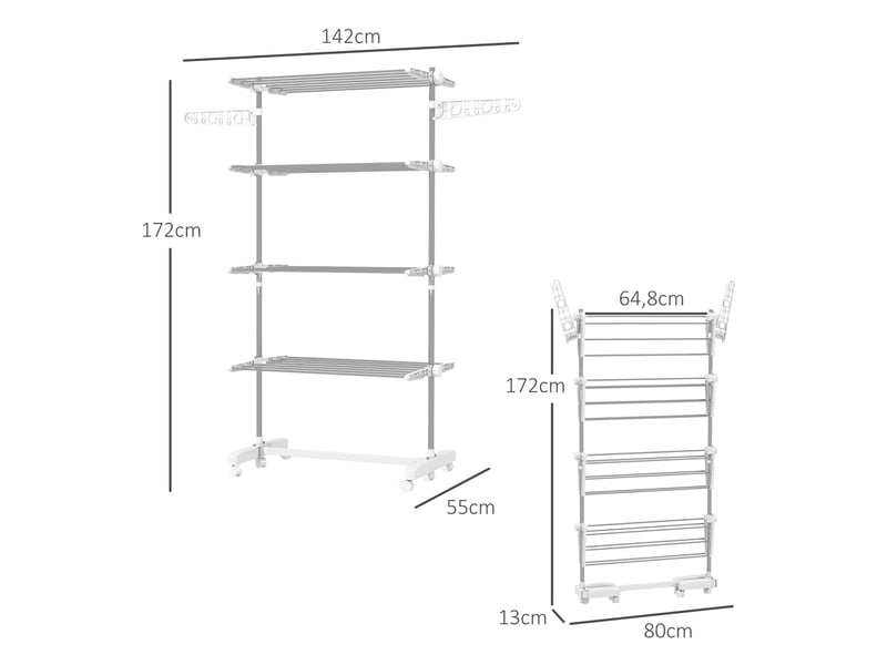  Séchoir à linge pliable avec ailettes latérales, pour une utilisation intérieure et extérieure, 142 x 55 x 172 cm, 4 niveaux, blanc  - Conforama E