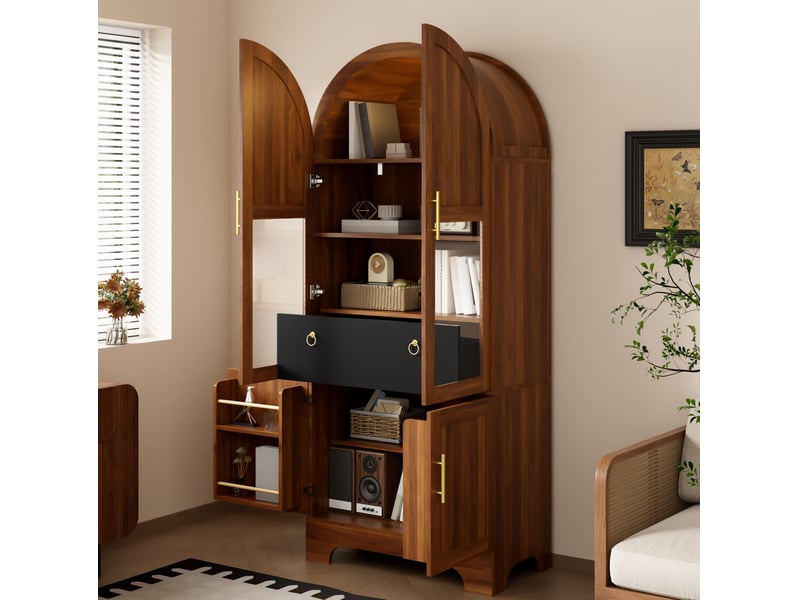  Buffet 76x40x180 cm, forme arquée, éclairage led, 4 portes et 1 tiroir, panneau de particules et mdf, aspect noyer brun  - Conforama B