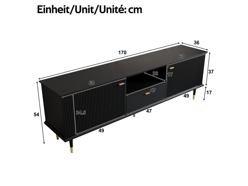  Meuble tv noir 170 x 36 x 54 cm, mdf laqué, 2 portes, tiroir et niche ouverte  - Conforama C
