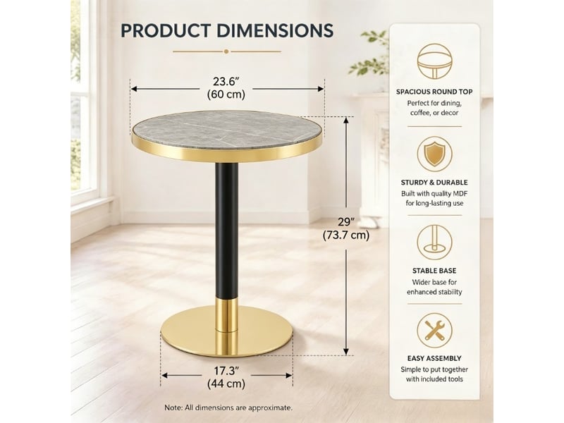  Table d’appoint ronde,60x60x73,7 cm,mdf,gris effet marbre métal noir et doré  - Conforama C