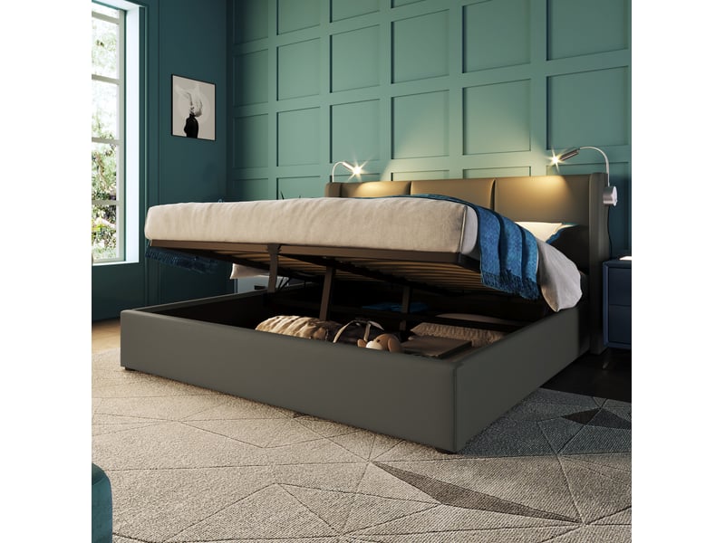  Lit coffre double 160x200 cm avec liseuse et fonction de charge pu gris sans matelas  - Conforama B