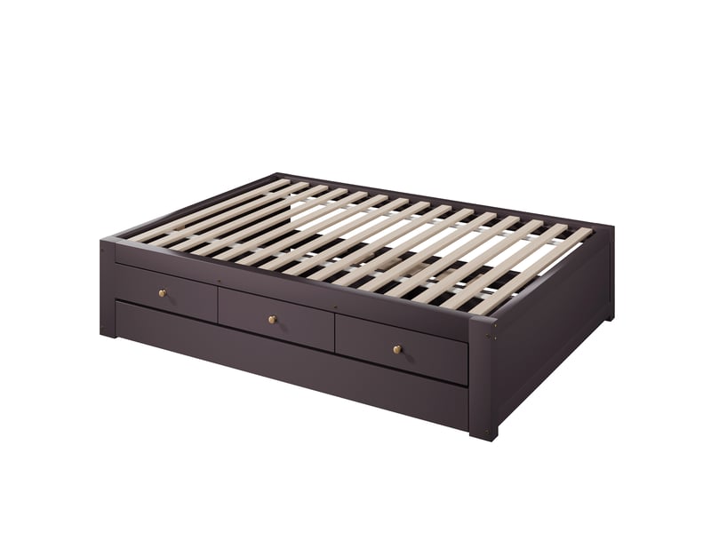  Lit gigogne enfant 90x200 cm marron café mdf et pin, 3 tiroirs, couchage inférieur 90x190 cm intégré  - Conforama D