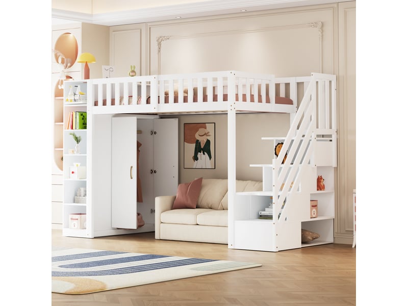  Lit mezzanine enfant 90 x 200 cm blanc avec armoire, étagères et escalier de rangement  - Conforama B