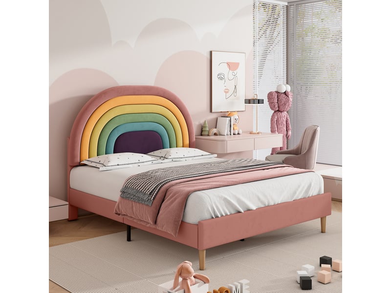  Lit enfant 140x200 cm velours rose avec sommier à lattes tête de lit réglable double adulte ado  - Conforama D