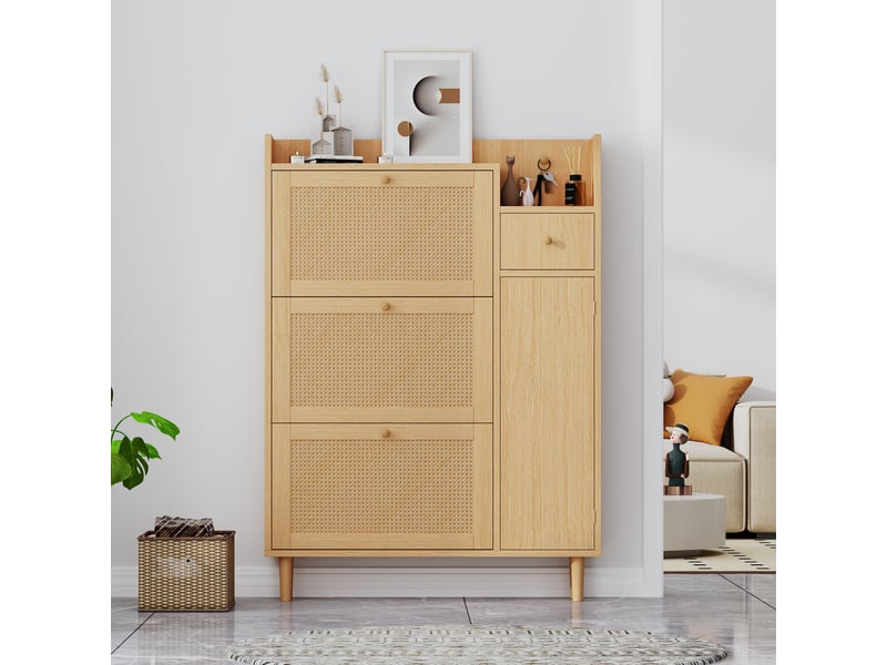  Meuble à chaussures 90x17x125 cm avec 3 portes abattantes, 1 tiroir, façades cannage et pieds en bois - Naturel Fay Lum - Conforama B