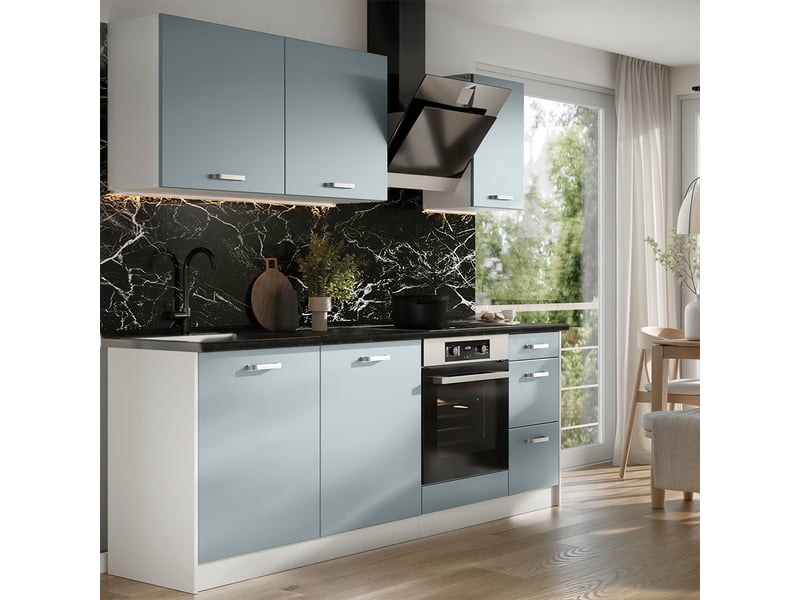  Vicco cuisine, bleu-grisblanc, 220cm plan de travail chêne doré  - Conforama C