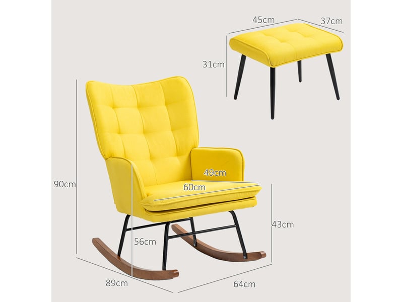  Fauteuil à bascule avec repose-pieds, dossier haut rembourré et accoudoirs, structure en bois et acier, en polyester jaune  - Conforama D