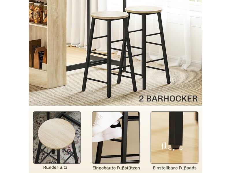  Ensemble bar,91x49x91 cm,3 pièces avec 2 tabourets et rangement,noir effet chêne  - Conforama E