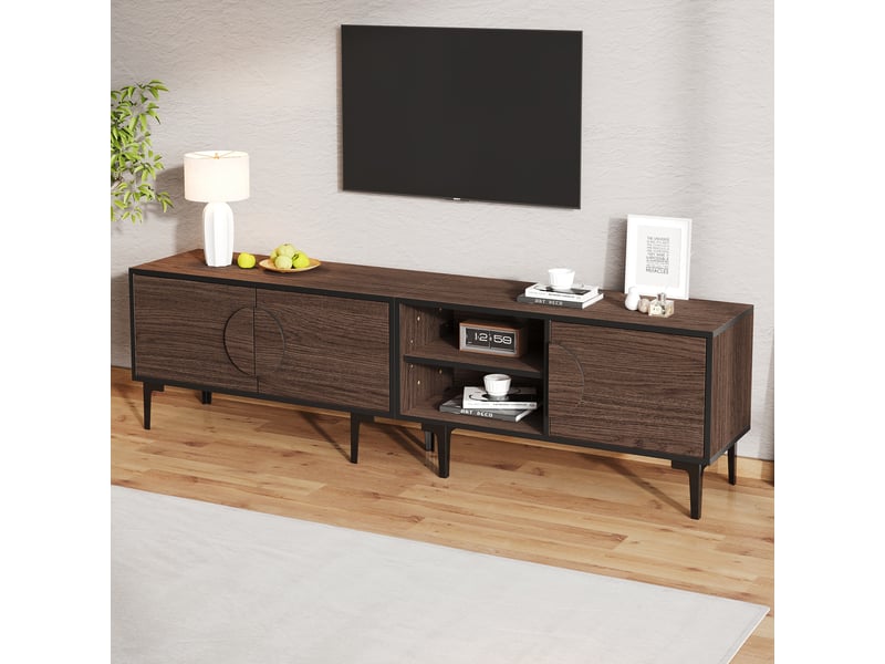  Meuble tv 180 cm noyer foncé pour écran 80 pouces avec 3 portes et rangements ouverts  - Conforama D