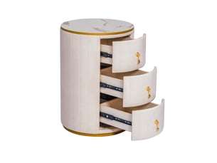 Table de chevet ronde 40x40x52,5 cm avec 3 tiroirs, velours blanc, plateau effet marbre et détails métal doré