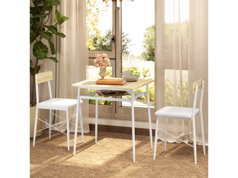  Ensemble table et chaises 3 pièces avec étagère ouverte, structure en acier blanc et chêne  - Conforama D