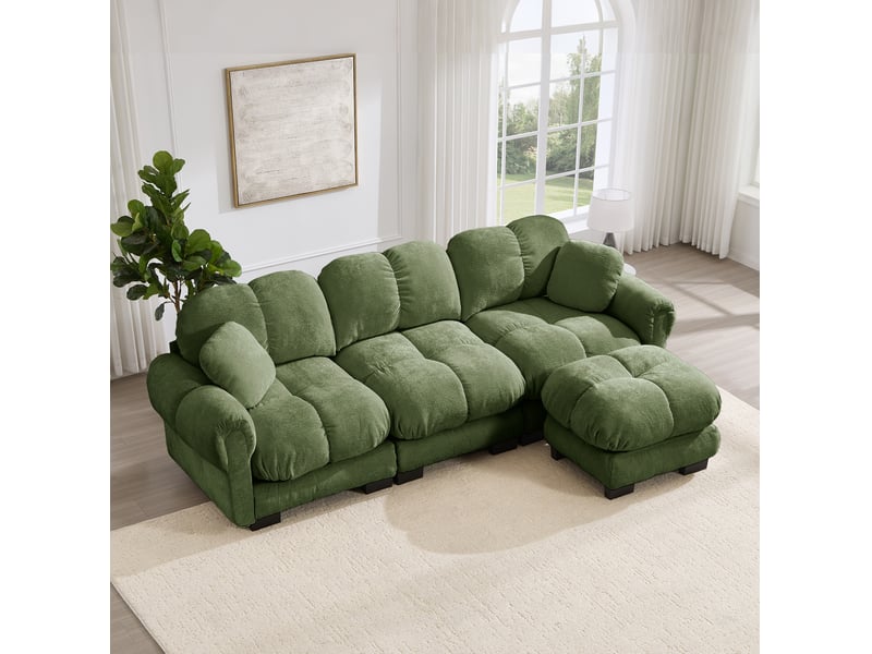  Canapé d’angle modulable 3 places modenvie avec ottomane mobile, 2 coussins décoratifs, revêtement chenille vert, 260 x 149 x 90 cm  - Conforama B
