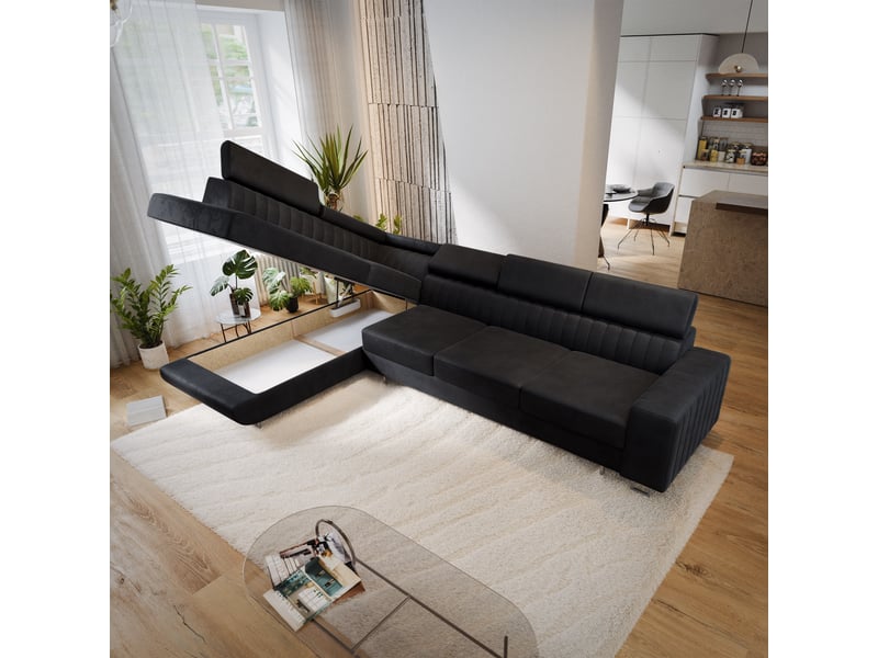  Canapé d'angle hestion, velours noir  - Conforama C