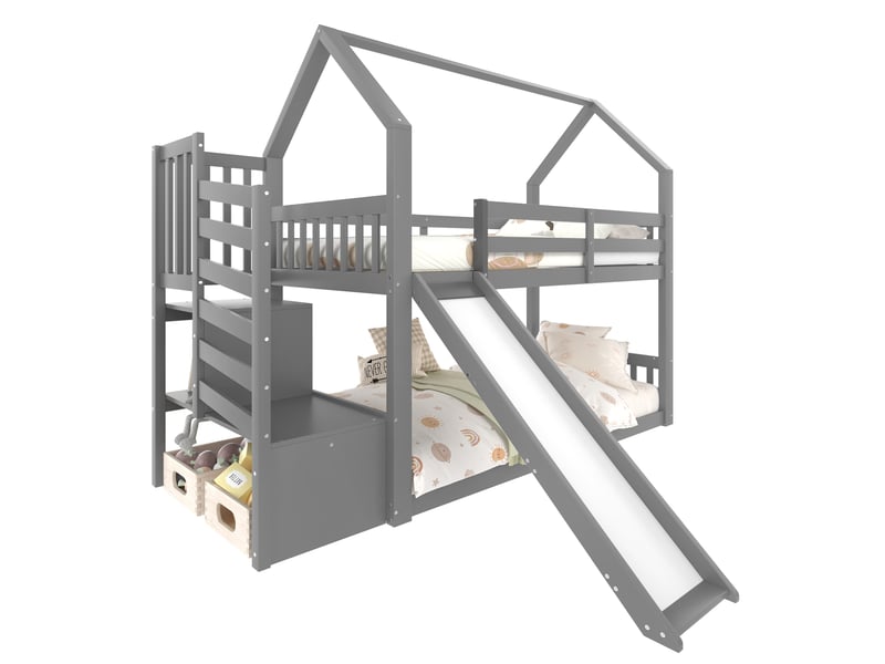  Modenvie lit mezzanine enfant cabane 90x200 cm - avec rangement et toboggan, sans matelas - gris  - Conforama A