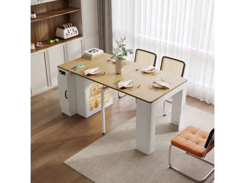 Îlot de cuisine blanc sur roulettes, table extensible amovible, multiprise intégrée. Chariot multifonction. - Conforama W