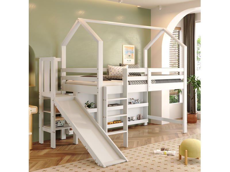  Lit enfant surélevé 90 x 200 cm blanc avec toboggan, escalier et rangements  - Conforama C