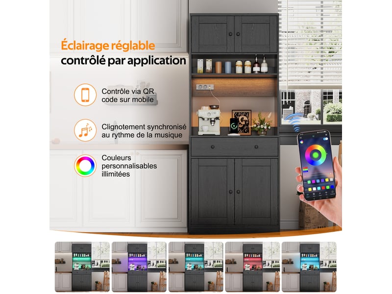  Buffet haut 72x40x180 cm, avec led et prises intégrées, mdf noir, design moderne, meuble de rangement cuisine et salon  - Conforama E