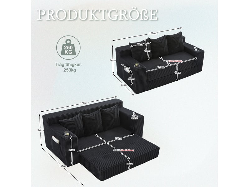  Canapé trois places avec porte-gobelets et poches latérales, design sans cadre, larges assises - noir  - Conforama C