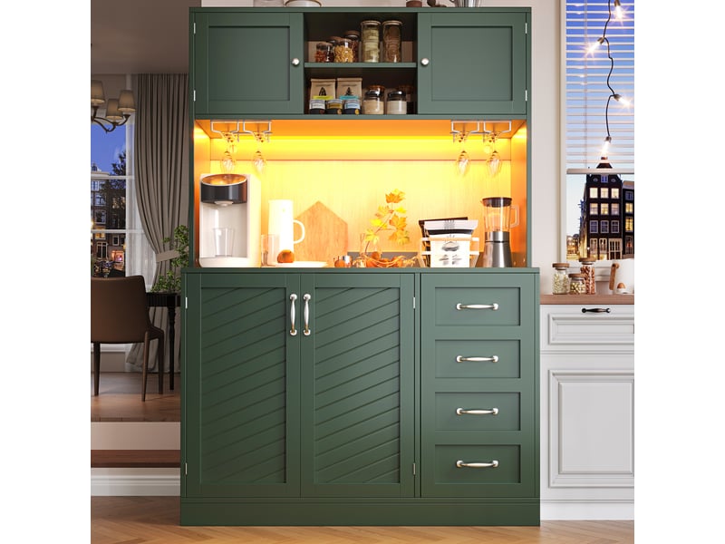  Buffet de cuisine vert 120x40x188cm, meuble de rangement avec led, 4 portes et 2 tiroirs, étagère à snacks, poignées argentées.  - Conforama E