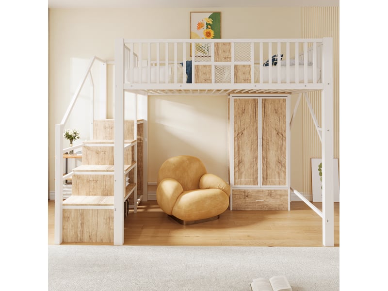  Lit mezzanine 140x200 cm, lit enfant armoire, escalier, tiroir, penderie, structure métal bois, blanc, sans matelas  - Conforama D