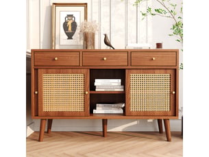 Buffet bas enfilade 120x40x78cm rangement optimisé | style bohème effet chêne et cannage | charge 70kg montage facile - bois foncé