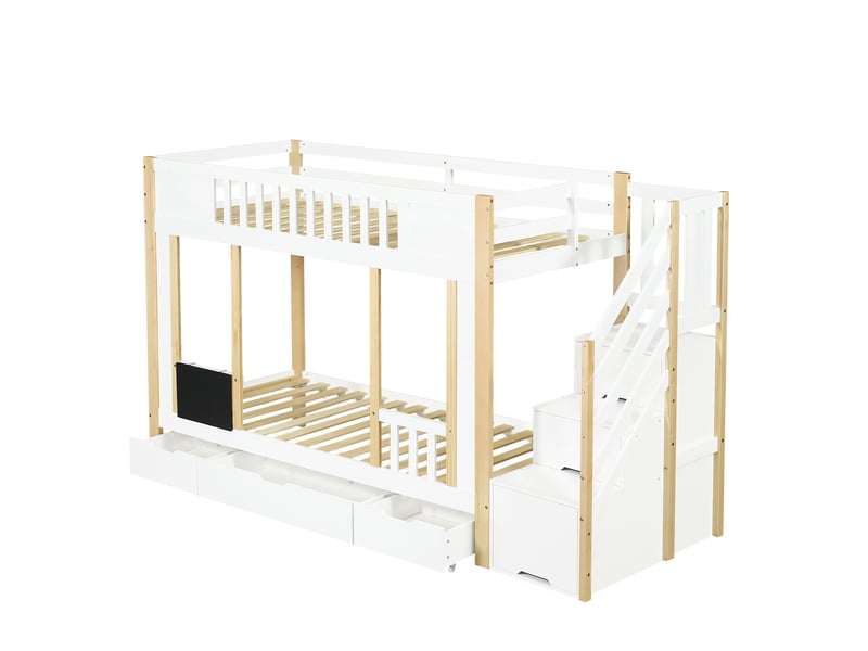 Lit superposé enfant 90x200 cm – blanc et naturel – escalier de rangement, 3 tiroirs - sans matelas - Conforama D