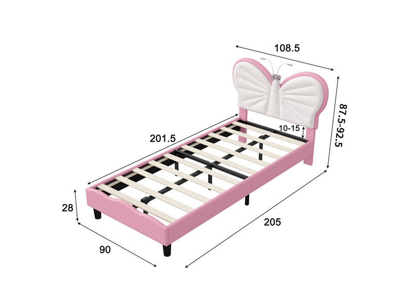  Lit simple 90x200, 2 lampe de lecture, lit enfant rembourré avec tête de lit papillon réglable, style moderne scandinavo, rose  - Conforama E