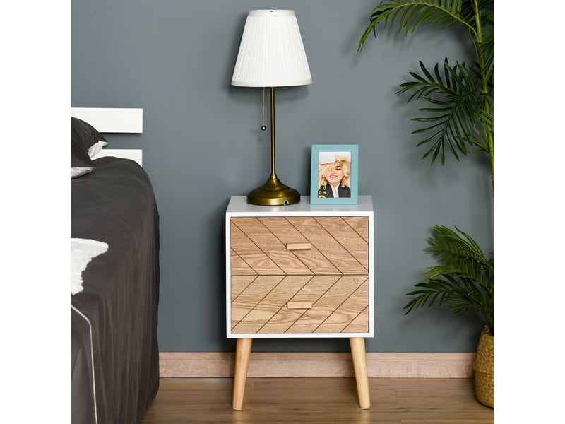  Commode à 2 tiroirs, armoire de chambre, table de chevet sur pieds pour le salon, 40 x 30 x 55,5 cm, blanc et naturel  - Conforama C