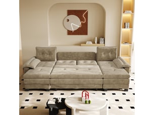Canapé panoramique, transformable en lit, avec ports usb, avec coussins, en tissu chenille, coloris kaki, l278 x p127 x h87 cm