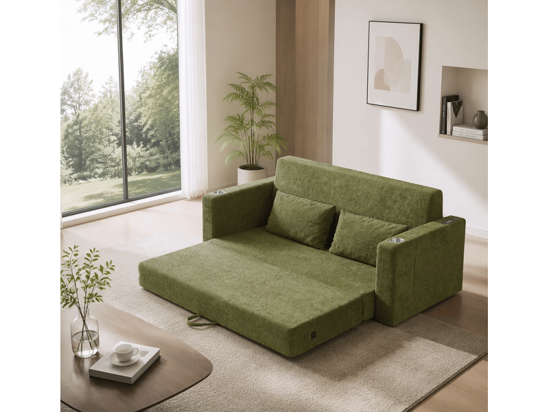  Canapé-lit 2 places 153x77x65 cm - canapé convertible 2 en 1 - canapé pliable - fonction couchage - poches latérales - ports usb - velours - vert CozyNest - Conforama E
