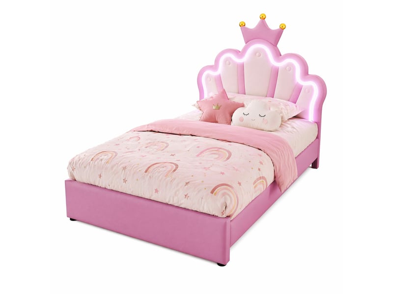 Lit enfant 200×90 cm en forme de couronne avec 2 tiroirs et led 16 couleurs, sans matelas, en pu blanc et rose - Conforama A