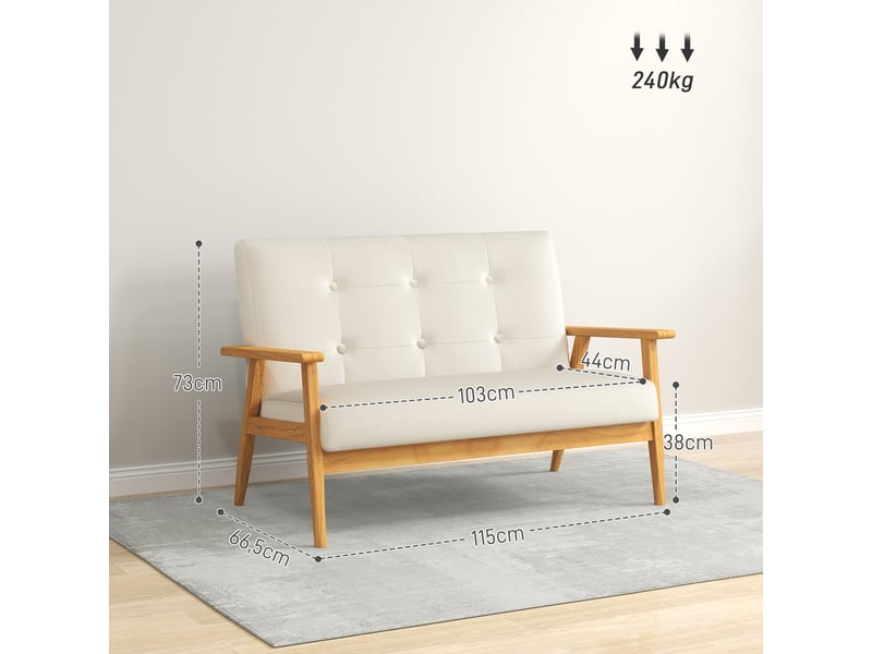 Canapé 2 places 115 cm canapé scandinave avec dossier capitonné, beige, assise rembourrée et accoudoirs - Conforama C