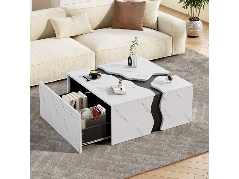  Table basse carrée 70x70 cm effet marbre, design géométrique cubique avec tiroir de rangement, blanc  - Conforama E