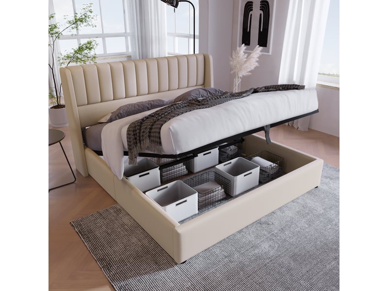  Lit coffre 140x200 cm en lin avec tête de lit à bandes verticales et rangement hydraulique, beige Fay Lum - Conforama E