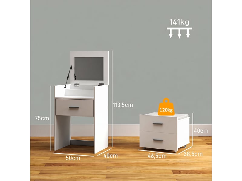  Coiffeuse avec miroir relevable et tabouret à roulettes, table de maquillage avec 2 tiroirs, coussin amovible, blanc  - Conforama C