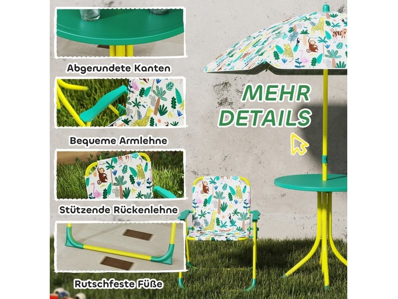  Salon de jardin enfant 4 pièces 49,5 cm vert en polyester, table, 2 chaises pliantes et parasol réglable  - Conforama D
